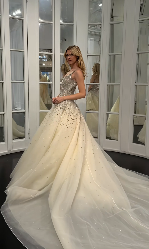 Pretty Light Champagne Bridal Gown A-Line Sequins Tulle Long Wedding Dress DP08192