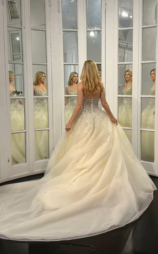 Pretty Light Champagne Bridal Gown A-Line Sequins Tulle Long Wedding Dress DP08192