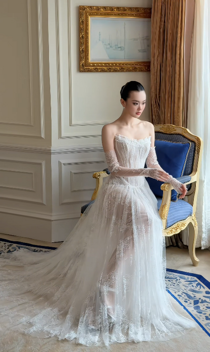 Pretty White Bridal Gown A-Line Lace Long Wedding Dress DP08195