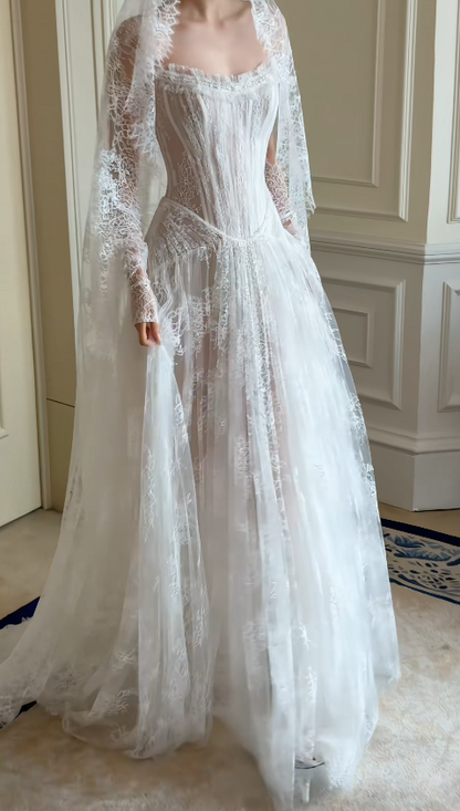 Pretty White Bridal Gown A-Line Lace Long Wedding Dress DP08195