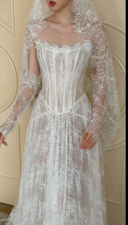 Pretty White Bridal Gown A-Line Lace Long Wedding Dress DP08195