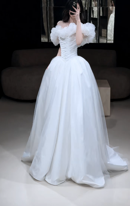 Pretty White Bridal Gown A-Line Tulle Long Wedding Dress DP08196