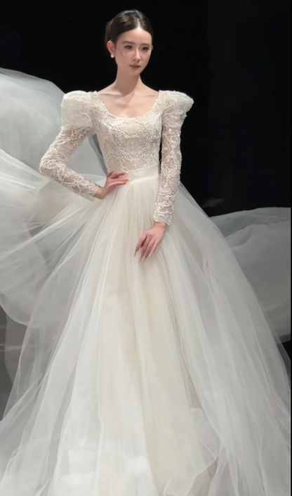 Pretty White Bridal Gown A-Line Tulle Long Wedding Dress DP08197