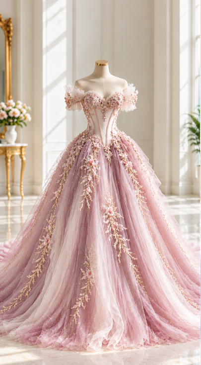 Gorgeous Pink Prom Dress A-Line Tulle Appliques Long Evening Dress DP08199