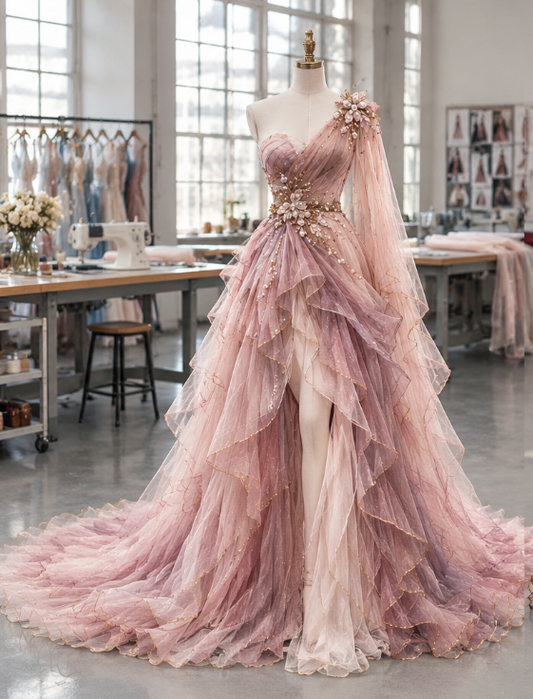 Magnifique robe de bal rose coupe trapèze en tulle à appliqués robe de soirée longue DP08200