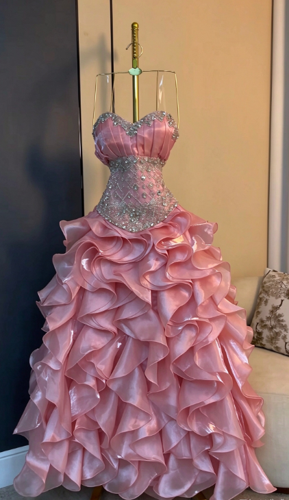 Robe de bal rose féerique trapèze en mousseline à sequins, robe de soirée longue DP08202