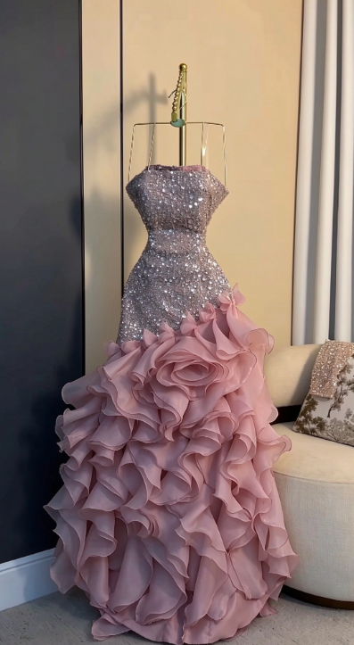 Robe de bal rose féerique trapèze en mousseline à sequins, robe de soirée longue DP08203