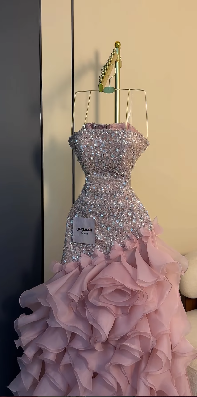 Robe de bal rose féerique trapèze en mousseline à sequins, robe de soirée longue DP08203