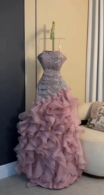 Robe de bal rose féerique trapèze en mousseline à sequins, robe de soirée longue DP08203