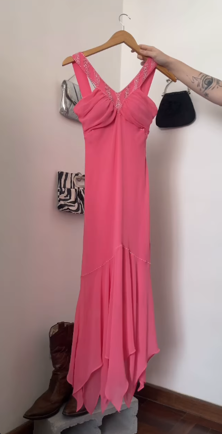 Robe de bal rose féerique, robe de soirée longue fourreau en mousseline DP08204