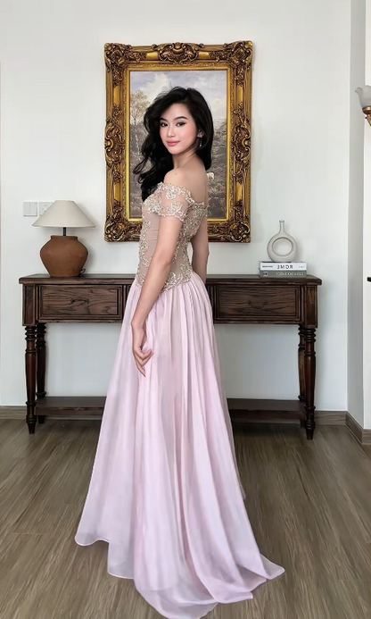 Robe de bal rose féerique, robe de soirée longue fourreau en mousseline DP08207