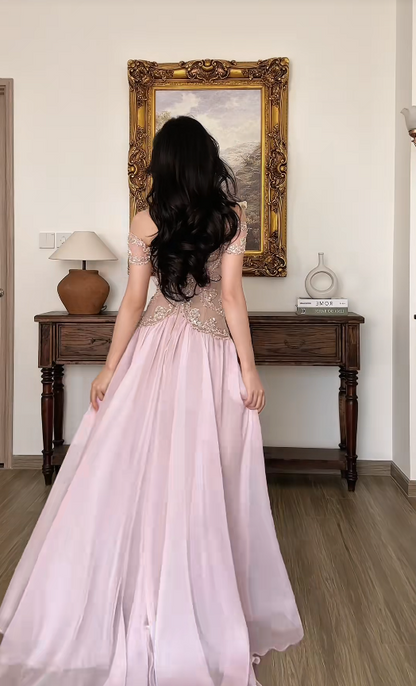 Robe de bal rose féerique, robe de soirée longue fourreau en mousseline DP08207