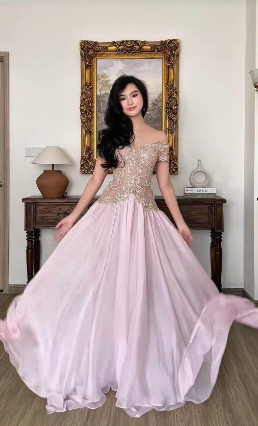 Robe de bal rose féerique, robe de soirée longue fourreau en mousseline DP08207