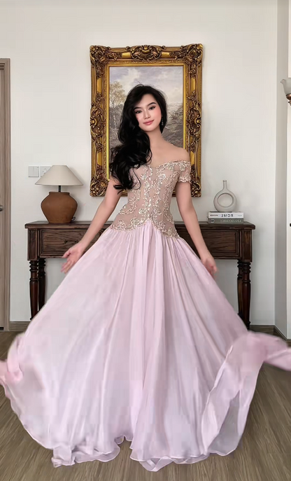 Robe de bal rose féerique, robe de soirée longue fourreau en mousseline DP08207