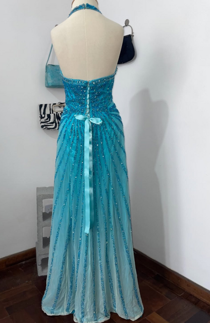 Elegantes blaues Abendkleid aus Chiffon mit Pailletten und figurbetonter Silhouette DP08212
