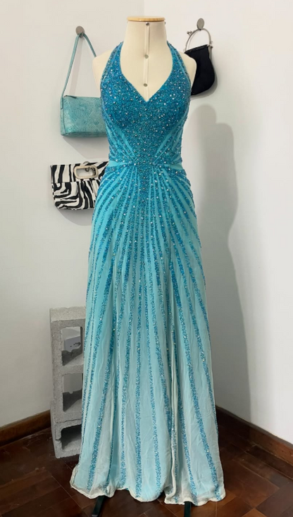 Elegantes blaues Abendkleid aus Chiffon mit Pailletten und figurbetonter Silhouette DP08212