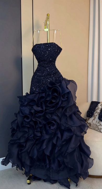 Elegant Navy Blue Prom Dress A-Line Sequins Chiffon Long Evening Dress DP08213