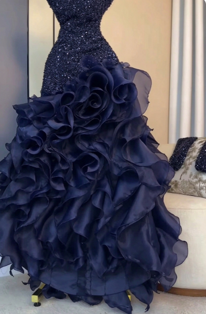 Elegant Navy Blue Prom Dress A-Line Sequins Chiffon Long Evening Dress DP08213