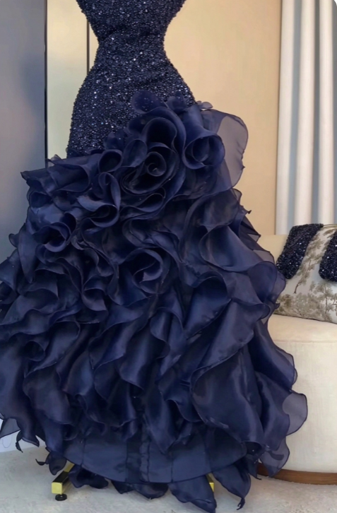 Élégante robe de bal bleu marine coupe trapèze en mousseline à sequins, robe de soirée longue DP08213