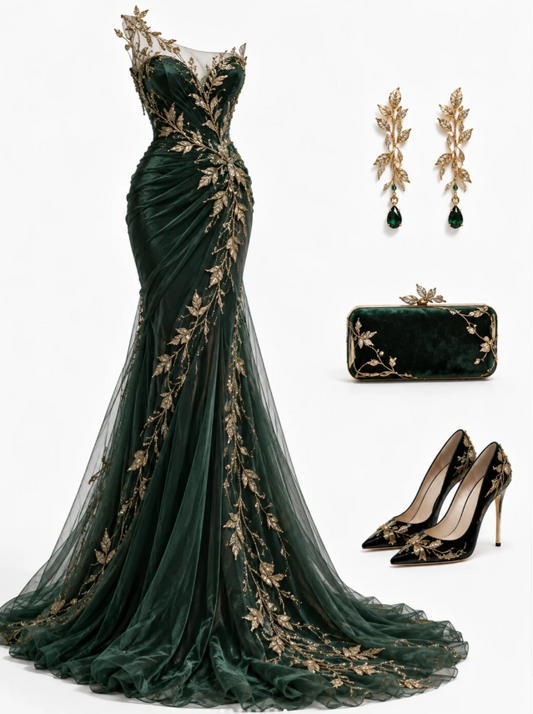Élégante robe de bal vert foncé fourreau en tulle à appliqués robe de soirée longue DP08214