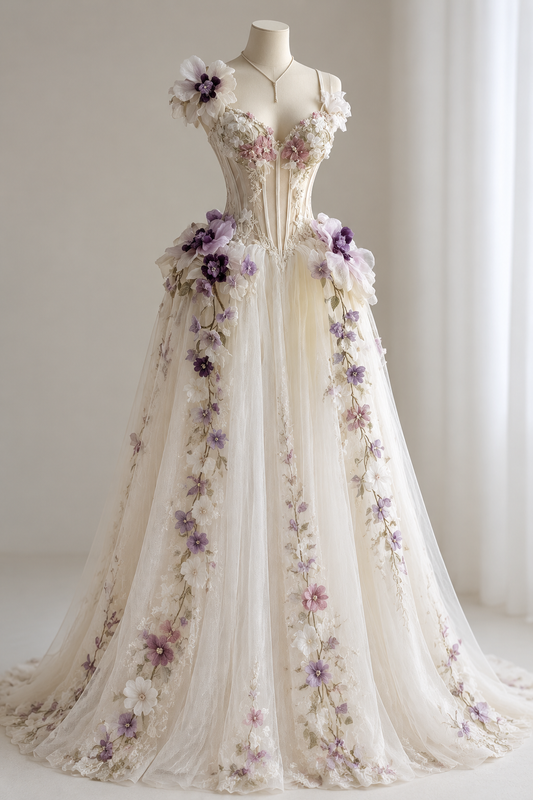 Élégante robe de bal blanche coupe trapèze en tulle à fleurs, robe de soirée longue DP08216