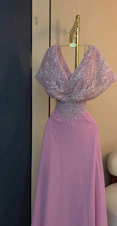 Elegant Pink Prom Dress Sheath Chiffon Sequins Long Evening Dress  DP08218