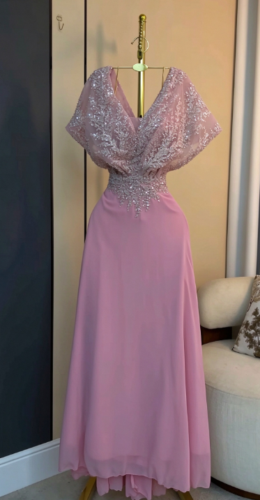 Elegant Pink Prom Dress Sheath Chiffon Sequins Long Evening Dress  DP08218