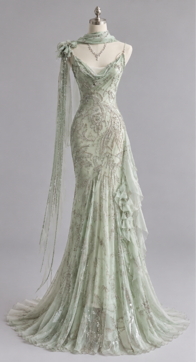 Robe de bal verte vintage fourreau en mousseline perlée robe de soirée longue DP08222