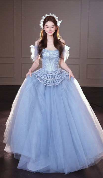 Robe de bal bleue chic, robe de soirée longue en tulle de coupe trapèze DP08228