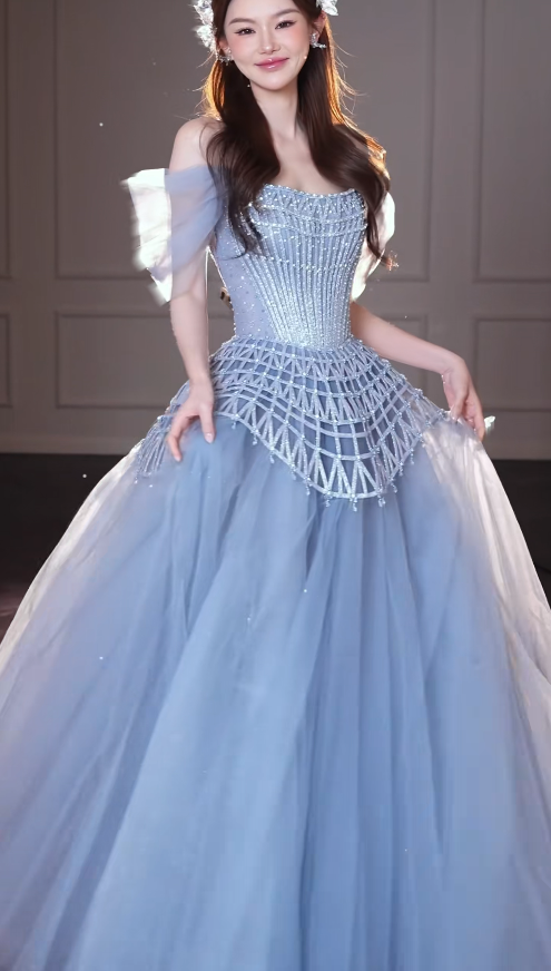 Robe de bal bleue chic, robe de soirée longue en tulle de coupe trapèze DP08228