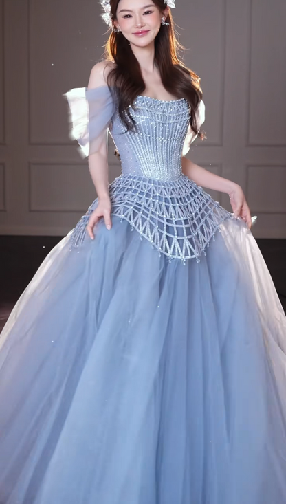 Robe de bal bleue chic, robe de soirée longue en tulle de coupe trapèze DP08228