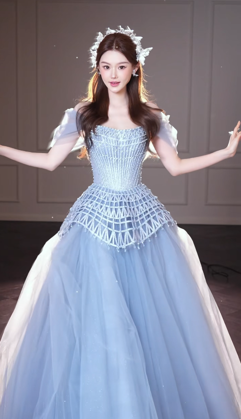 Robe de bal bleue chic, robe de soirée longue en tulle de coupe trapèze DP08228