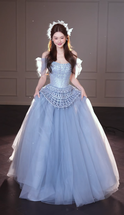 Robe de bal bleue chic, robe de soirée longue en tulle de coupe trapèze DP08228
