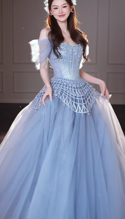 Robe de bal bleue chic, robe de soirée longue en tulle de coupe trapèze DP08228