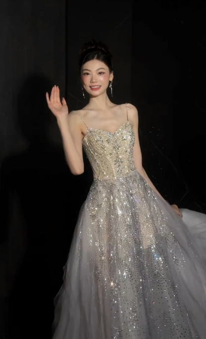 Robe de bal chic argentée, coupe trapèze, en tulle à sequins, longue robe de soirée DP08229
