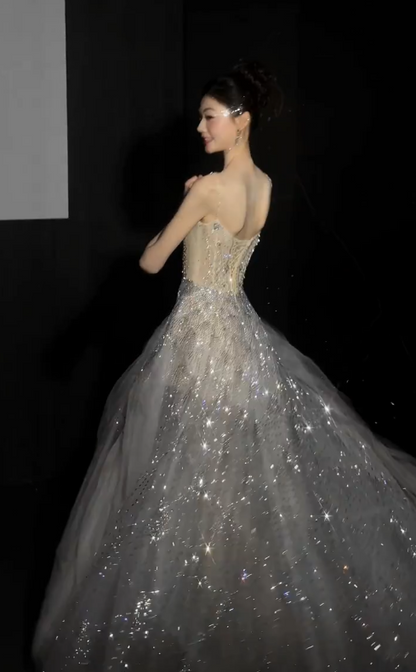 Robe de bal chic argentée, coupe trapèze, en tulle à sequins, longue robe de soirée DP08229