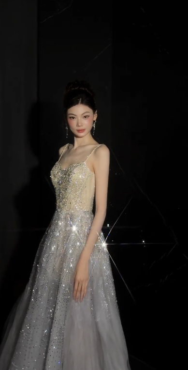 Robe de bal chic argentée, coupe trapèze, en tulle à sequins, longue robe de soirée DP08229