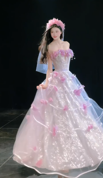 Robe de bal rose chic coupe trapèze en tulle à fleurs, robe de soirée longue DP08230