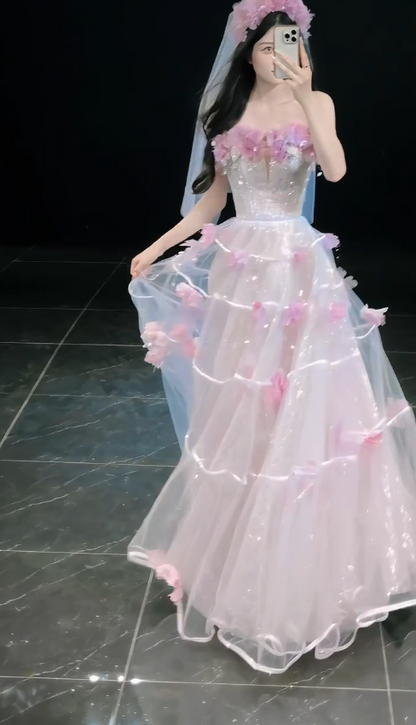 Robe de bal rose chic coupe trapèze en tulle à fleurs, robe de soirée longue DP08230
