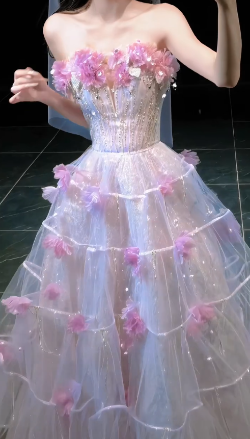 Robe de bal rose chic coupe trapèze en tulle à fleurs, robe de soirée longue DP08230