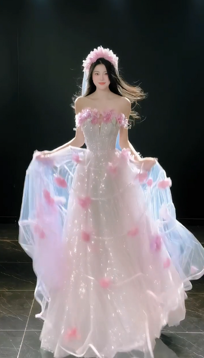 Robe de bal rose chic coupe trapèze en tulle à fleurs, robe de soirée longue DP08230