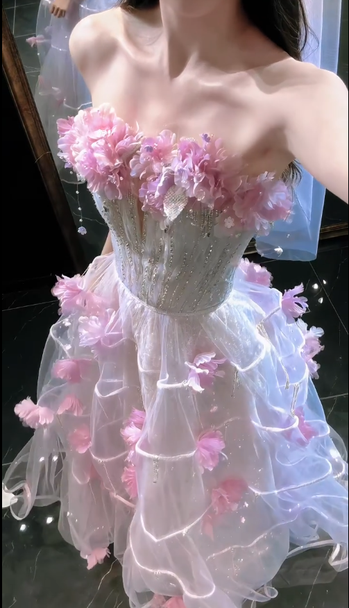 Robe de bal rose chic coupe trapèze en tulle à fleurs, robe de soirée longue DP08230