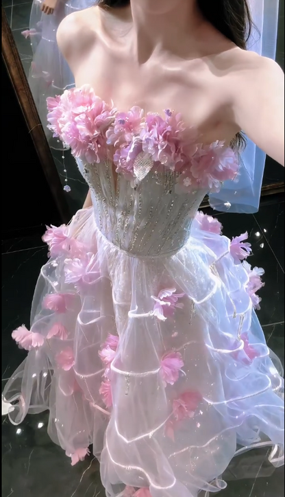 Robe de bal rose chic coupe trapèze en tulle à fleurs, robe de soirée longue DP08230