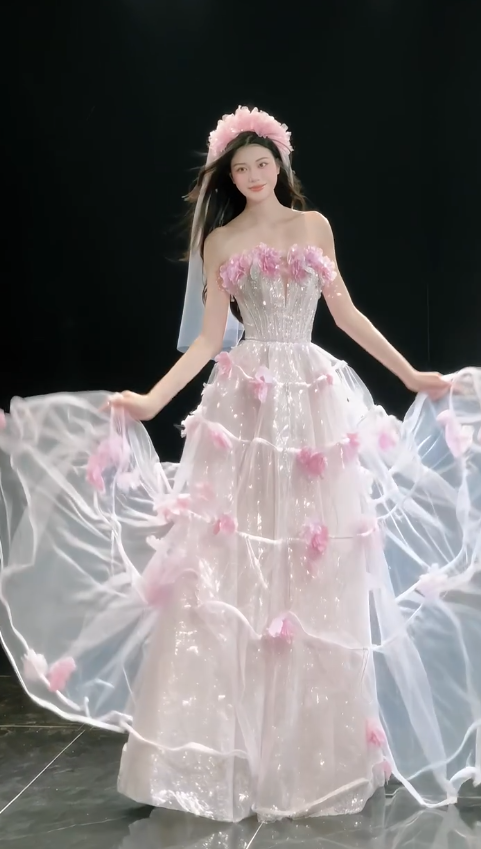 Robe de bal rose chic coupe trapèze en tulle à fleurs, robe de soirée longue DP08230