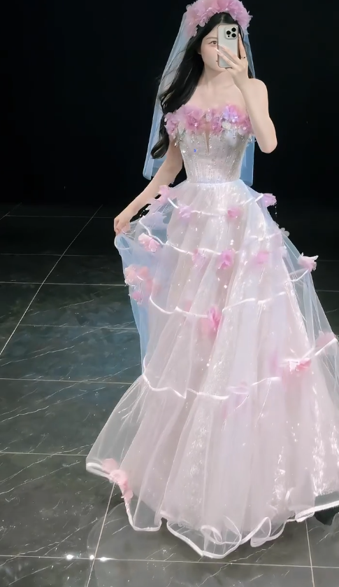 Robe de bal rose chic coupe trapèze en tulle à fleurs, robe de soirée longue DP08230