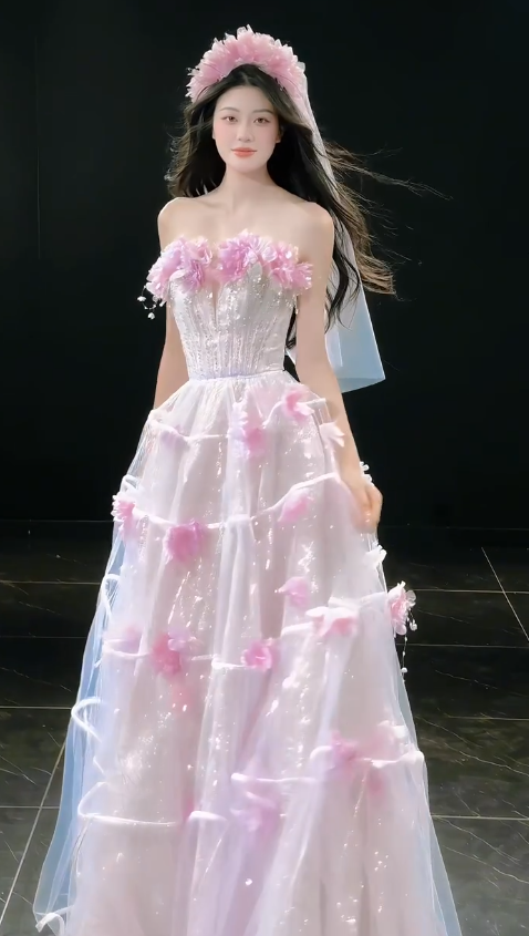 Robe de bal rose chic coupe trapèze en tulle à fleurs, robe de soirée longue DP08230