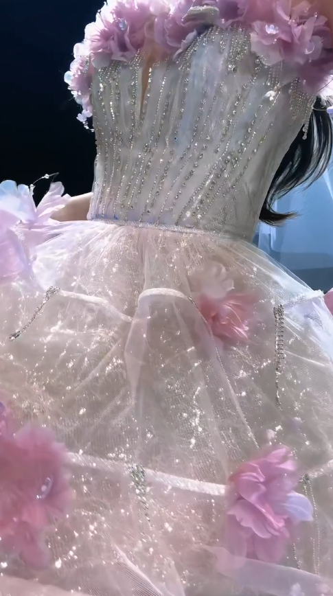 Robe de bal rose chic coupe trapèze en tulle à fleurs, robe de soirée longue DP08230