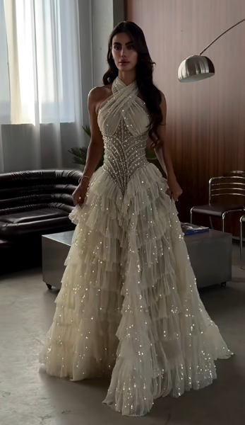 Robe de bal chic jaune pâle coupe trapèze en tulle à fleurs, robe de soirée longue DP08231