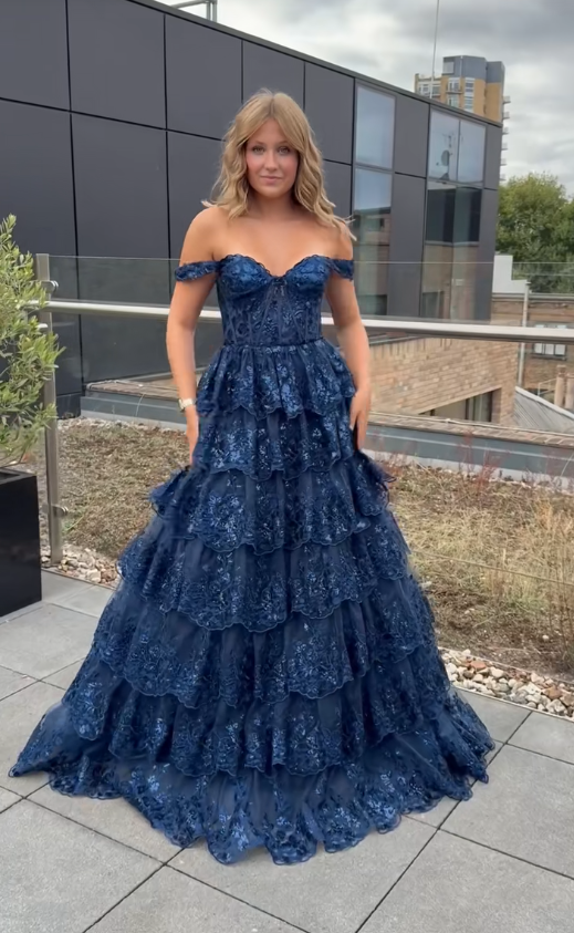 Robe de bal chic bleu marine coupe trapèze en tulle à appliqués de sequins robe de soirée longue DP08234