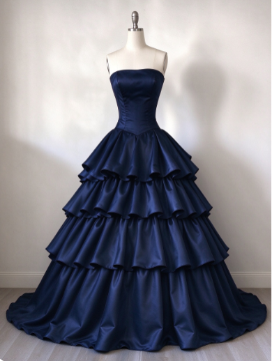 Robe de bal chic bleu marine, robe de soirée longue en satin de coupe trapèze DP08235